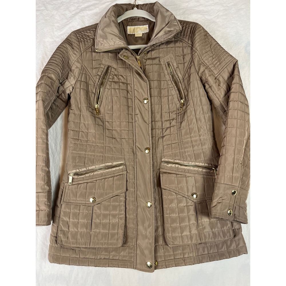 Michael Kors Womens Quilted Jacket Taupe Brown Gold Zip Snap‎ Front XS RN79675